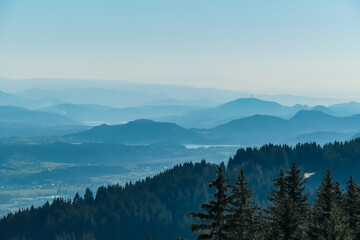 Scenic morning view from Dreilaendereck on Pyramidenkogel and Kathreinkogel in Karawanks in Carinthia, Austria. Borders between Austria, Slovenia, Italy. Looking at Rosental valley