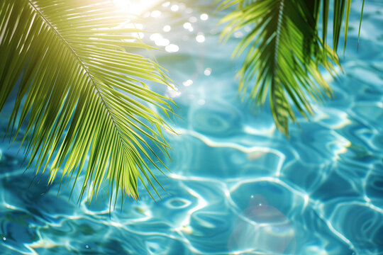 
palm leaves floating on rippled blue water with sun glares