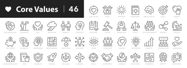 Core values line icons set. Basic values of a person and society outline 46 icons collection. Success, family, mission, knowledge, passion, innovation, reliability, goal - stock vector.