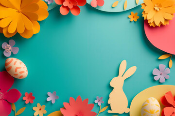 
paper cut style easter greeting card border frame with bunny, flowers and eggs. bold colorful colors - obrazy, fototapety, plakaty