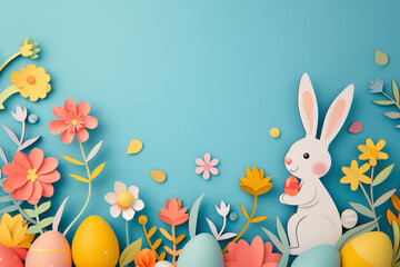 Obraz premium paper cut style easter greeting card border frame with bunny, flowers and eggs. bold colorful colors