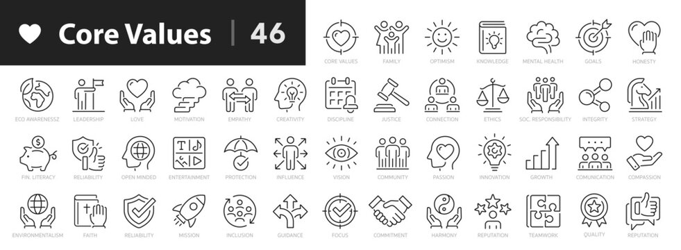 Core values line icons set. Basic values of a person and society outline 46 icons collection. Success, family, mission, knowledge, passion, innovation, reliability, goal - stock vector.