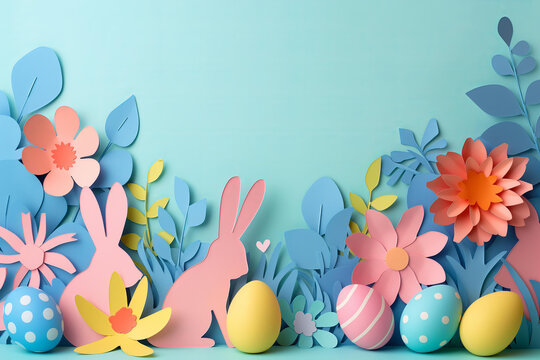 
paper cut style easter greeting card border frame with bunny, flowers and eggs. bold colorful colors