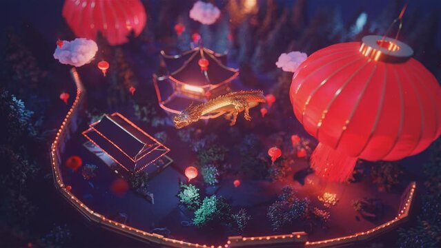 3d Rendered Animated Scene Of Chinese New Year Celebration Featuring Flying Dragon, Red Lanterns, Red Tapestry.