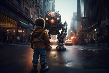 AI generated illustration of a young boy standing in awe admiring a metallic robotic on a street