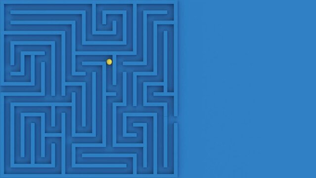 Ball rolls through the blue labyrinth to exit. Top view of the maze with rolling yellow ball.