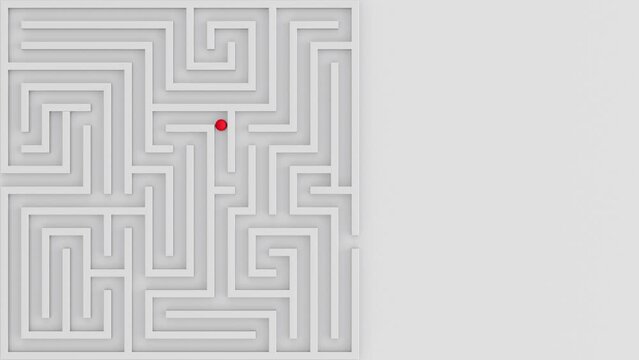 Ball rolls through the maze top view to the exit. Geometric labyrinth concept idea.  Escape from maze.