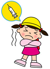 注射を想像して怖くて震えている女の子 全身正面と注射器の吹き出しのイラスト
