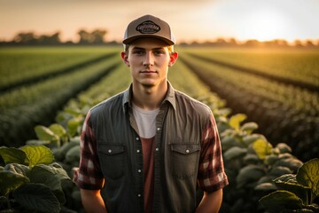 Fototapeta premium AI-generated illustration of a young Caucasian farmer in a soybean field looking at the camera.