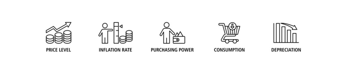 Inflation banner web icon set vector illustration concept with icon of the price level, inflation rate, purchasing power, consumption, and depreciation