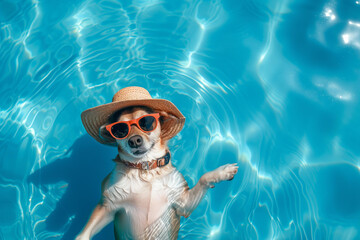 
top view of dog wearing sunglasses ans sun hat floating on rippled blue water with sun glares. summer vacation