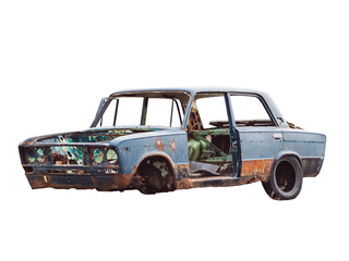 old damaged rusty car isolated on transparent background