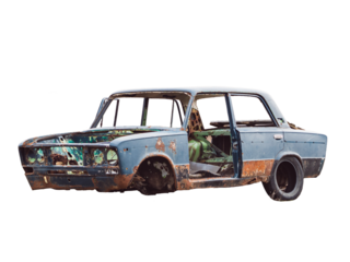 old damaged rusty car isolated on transparent background