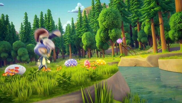 3d Animated Adventure Of Easter Bunnies Hopping Across Green Field In Forest With Easter Eggs Around And Waving At Camera.