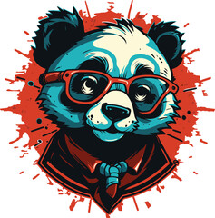 Vector illustration of a panda bear wearing red tie and a pair of glasses against a white background