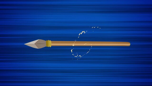 Flying spear on blue background. Looped animation of athletics javelin throw. Moving spear on dynamic abstract background. Animated lance in motion. Anime style drawing of weapon with action effect.