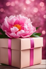 Pink Peony and Gift Box on Wooden Table