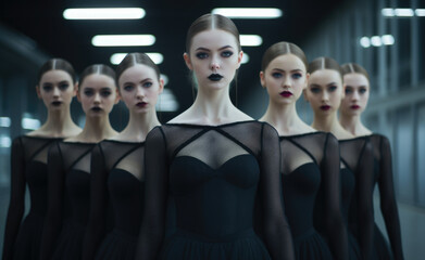 Obraz premium Women in ballet dance collaboration, art school team performance and dancing in class studio. Young professional dancer or group of creative students dancing together