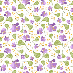 Composition of violet flowers with green leaves, yellow stamens and pollen grains in seamless pattern. Attractive art texture for printing on fabric, wrapping, homeware, wallpaper, apparel etc