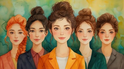 Watercolor illustration of five women with distinctive hairstyles and business suits against a soft multicolored background