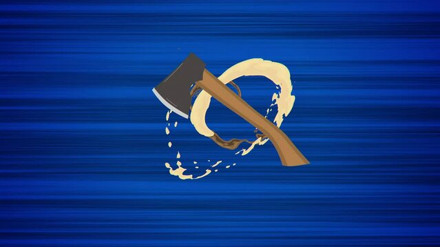 Flying axe on blue background. Looped animation of throwing ax. Moving weapon on dynamic abstract background. Animated tomahawk in motion. Anime style drawing with action effect. Axe motion design.