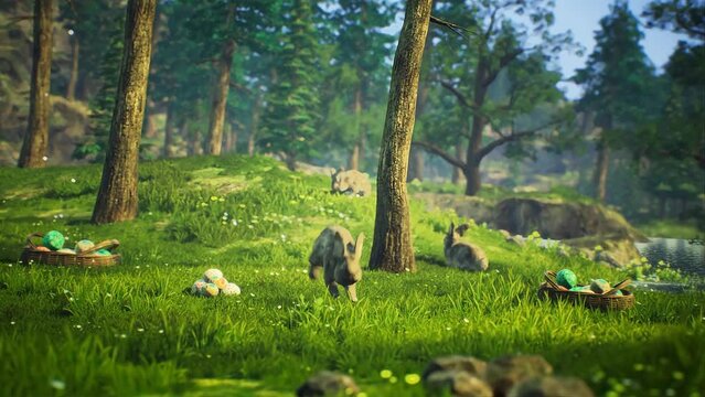 3d Animated Easter Bunny Run Across Green Field In Forest Reaching Empty Wooden Board.