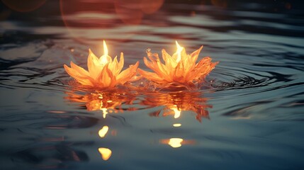 AI generated illustration of Two fiery flowers floating in a body of water.