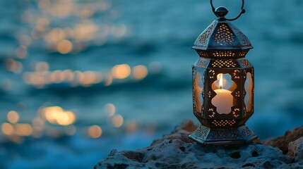 Arabic Lantern on rock with blurry sea beach Ramadan Kareem concept background
