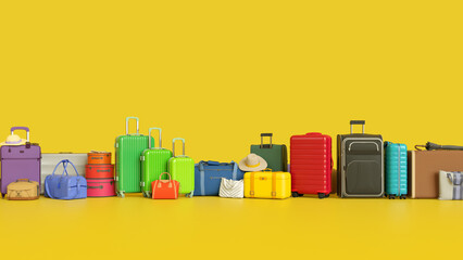 Vacation multicolored luggage concept. Suitcases on conveyor belt.