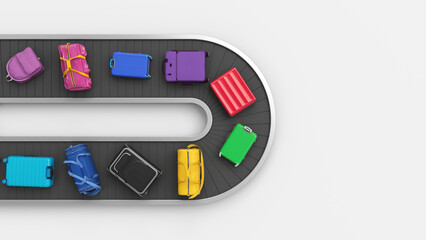 Airport baggage claim multicolored concept. Top view of the luggage colorful set.