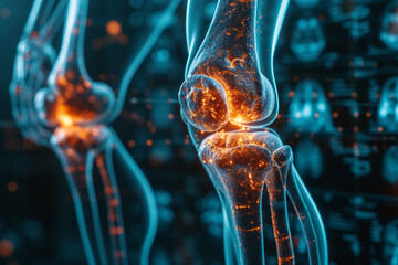AI Tech accurately diagnoses knee arthritis from physical images, a dangerous disease in humans. Modern medicine. Illustration of joint disease.