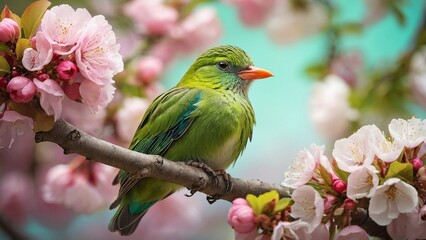 Fototapeta premium Beautiful green bird sitting on a branch of sakura in spring.