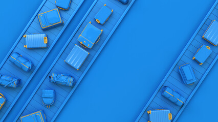 Blue toned luggage on conveyor belt. Minimal travel journey concept on blue background. © Marcin
