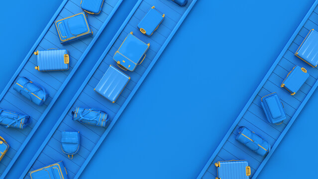 Blue toned luggage on conveyor belt. Minimal travel journey concept on blue background.