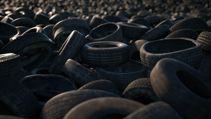 Industrial landfill of old used tires.  Heaps of waste tires.