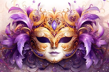 Venetian carnival mask gold color colored feathers happy carnival festival party woman face mask on dark