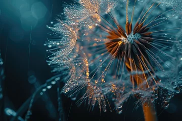 Foto op Plexiglas Beautiful dew drops on a dandelion seed macro. Large golden dew drops on a parachute dandelion, bokeh background  © Kien
