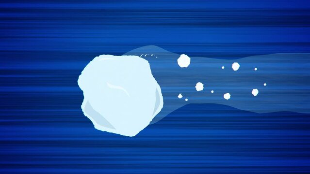 Flying snowball on blue background. Looped animation of throwing snow. Moving spherical object on abstract background. Animated snowballs in motion. Anime style drawing of snow balls. Snowball fights.