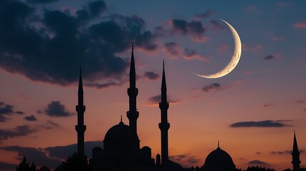 Silhouettes of mosque with moon Symbol of Islam on dome of mosque.
