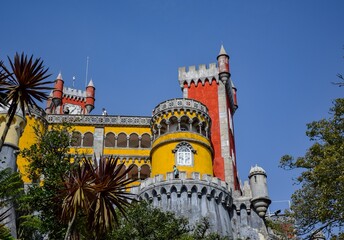 Pena National Palace against blue sky on a sunny day in Sintra, Lisbon, Portugal