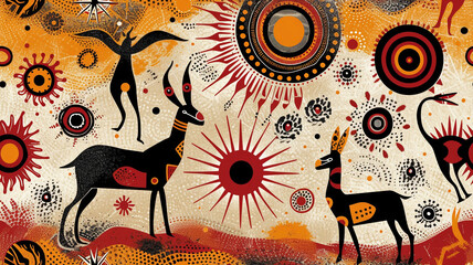 Global Aboriginal Rock Art: Ancient Indigenous Paintings and Engravings from Australia, Africa, and North America - A Reflection of Spiritual Beliefs and Daily Life. seamless. AI Generative