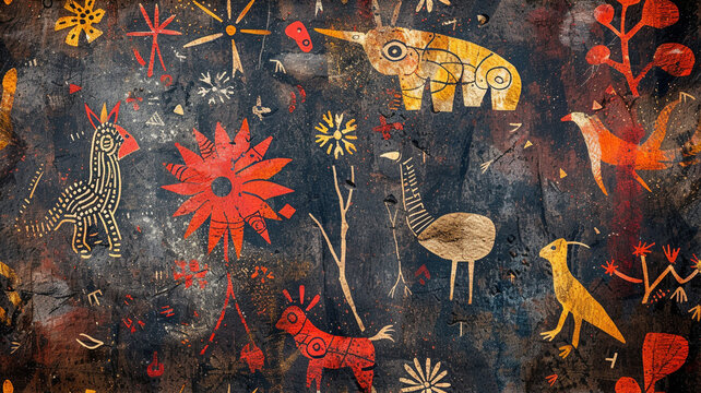 Global Aboriginal Rock Art: Ancient Indigenous Paintings and Engravings from Australia, Africa, and North America - A Reflection of Spiritual Beliefs and Daily Life. seamless. AI Generative