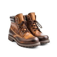 Pair of mens brown leather work boots isolated on a white background. Generative AI.