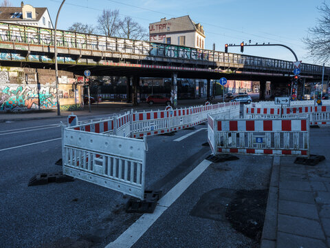 Hamburg, Germany - 01272024: photo of the Sternbrücke that is a railwaybridge that will be demolished early 2024. street intersection Stresemannstrasse in Hamburg.