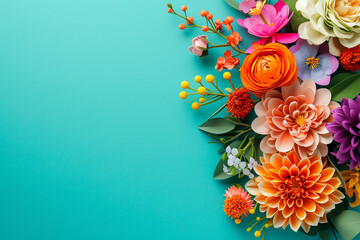 Aquamarine background with vibrant orange coral paper cut spring flowers. Spring floral background with copy space.