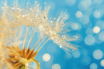 Beautiful dew drops on a dandelion seed macro. Large golden dew drops on a parachute dandelion, bokeh background 