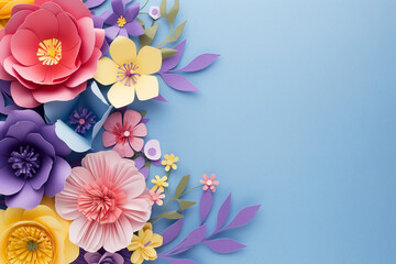 Pastel pink purple paper cut spring flowers on a blue background. Spring floral background with copy space.