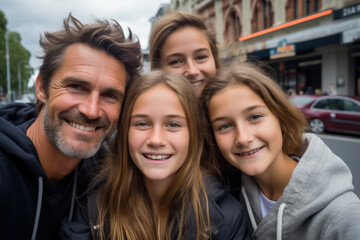 Family City Exploration: Father with Daughters Taking a Selfie