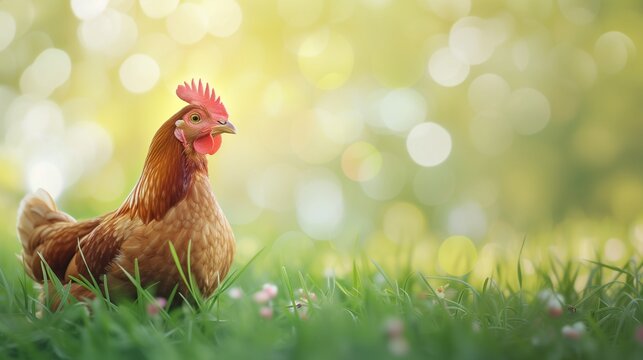A banner with chicken in the grass with flowers. Background with brown chicken in a meadow, copy space.