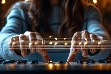 Harmony in hands Woman playing music notes on dark backdrop